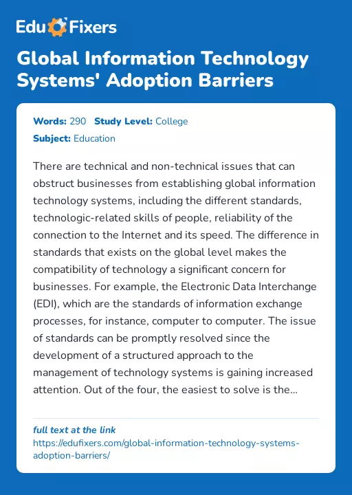 Global Information Technology Systems' Adoption Barriers - Essay Preview