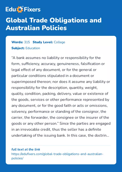 Global Trade Obligations and Australian Policies - Essay Preview