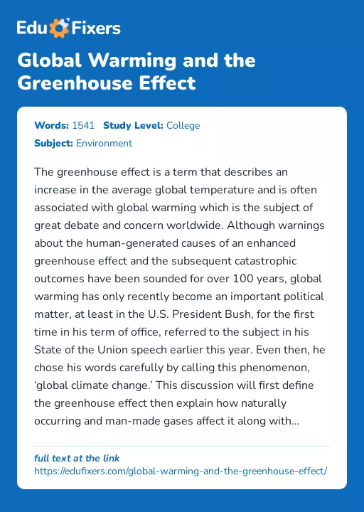 Global Warming and the Greenhouse Effect - Essay Preview