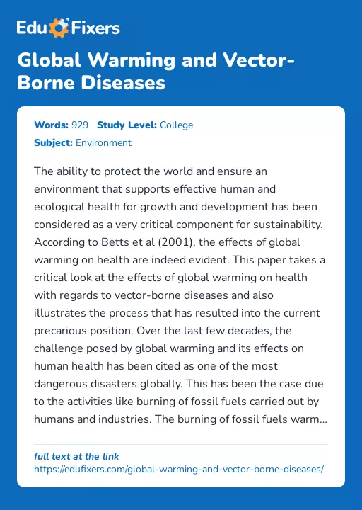Global Warming and Vector-Borne Diseases - Essay Preview