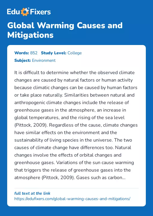 Global Warming Causes and Mitigations - Essay Preview
