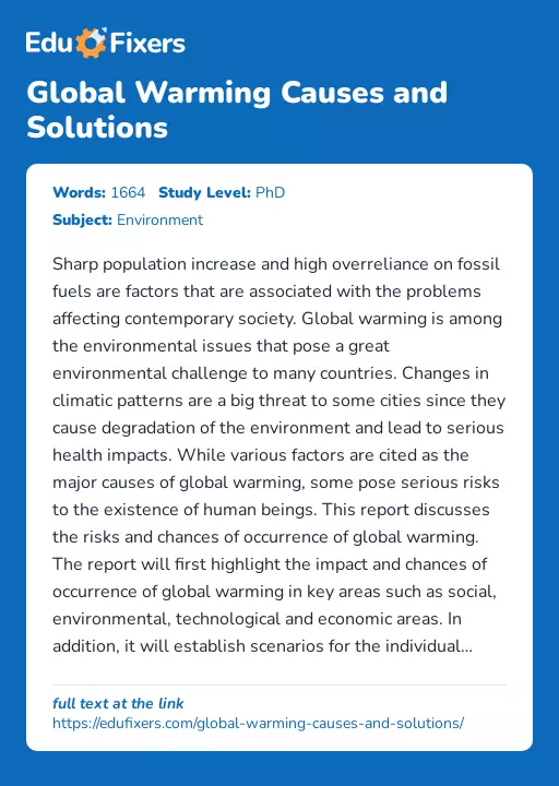 Global Warming Causes and Solutions - Essay Preview