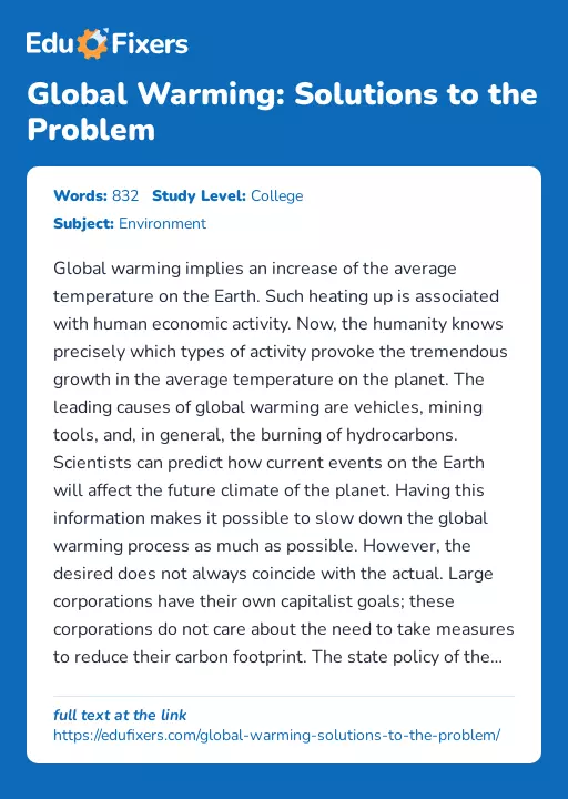 Global Warming: Solutions to the Problem - Essay Preview