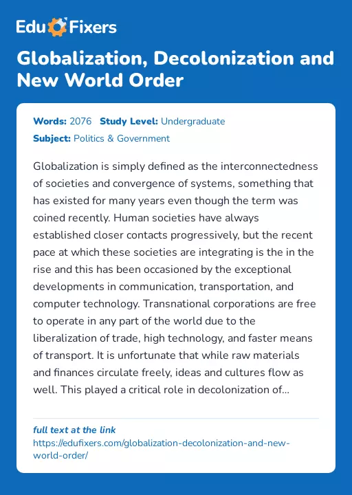Globalization, Decolonization and New World Order - Essay Preview