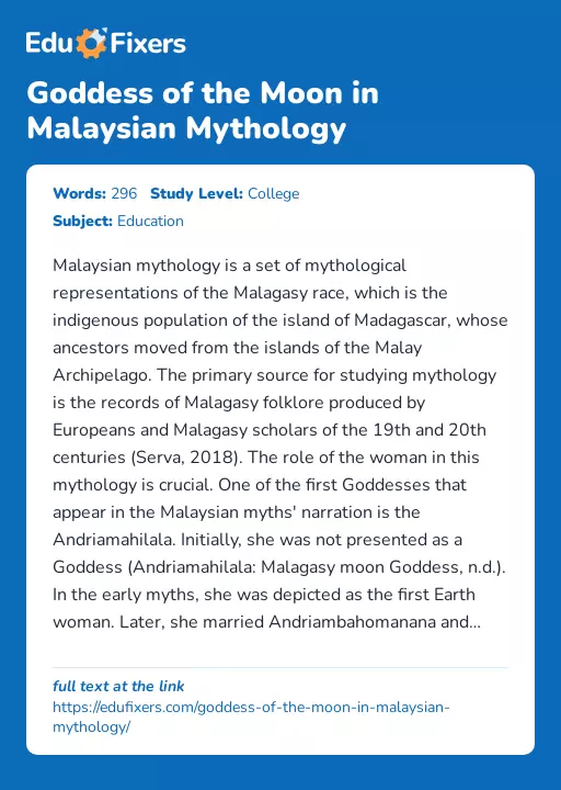 Goddess of the Moon in Malaysian Mythology - Essay Preview