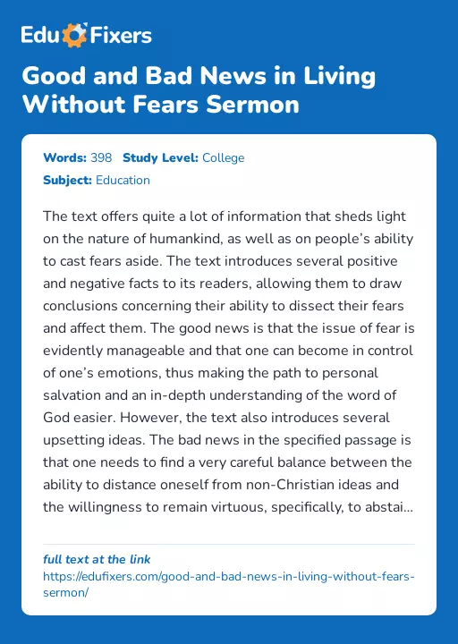 Good and Bad News in Living Without Fears Sermon - Essay Preview