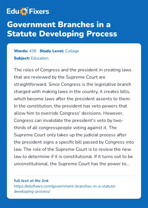 Government Branches in a Statute Developing Process - Essay Preview