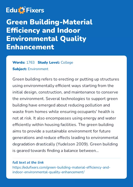 Green Building-Material Efficiency and Indoor Environmental Quality Enhancement - Essay Preview