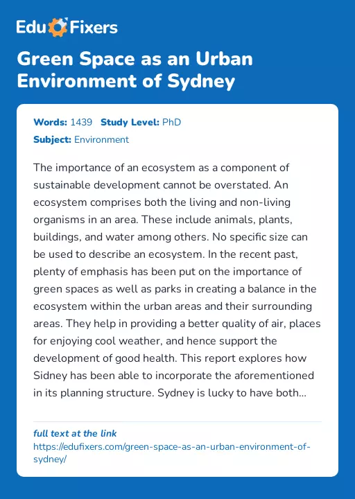 Green Space as an Urban Environment of Sydney - Essay Preview
