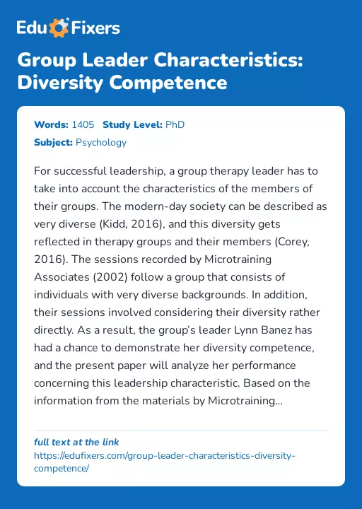 Group Leader Characteristics: Diversity Competence - Essay Preview