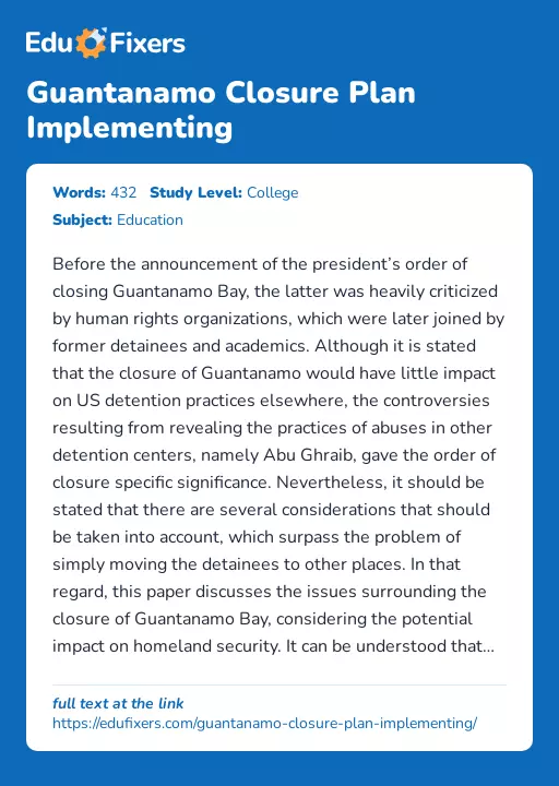Guantanamo Closure Plan Implementing - Essay Preview