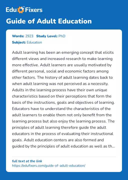Guide of Adult Education - Essay Preview
