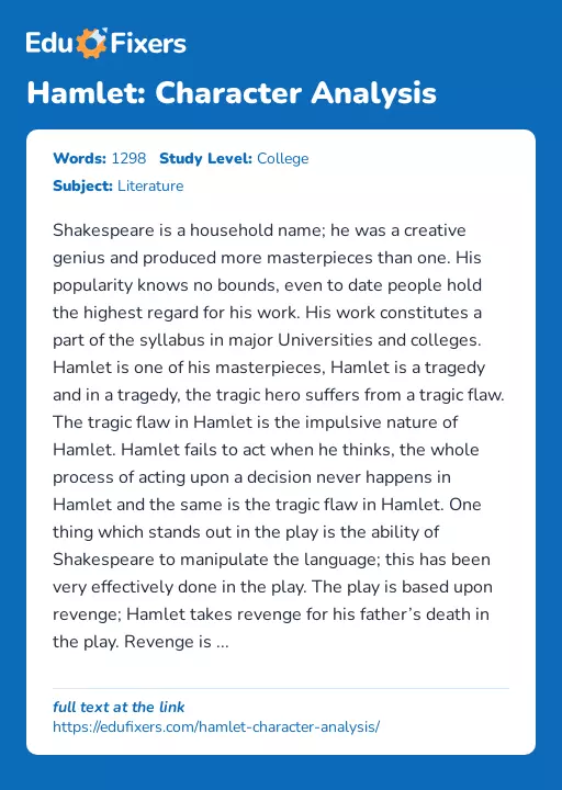 Hamlet: Character Analysis - Essay Preview