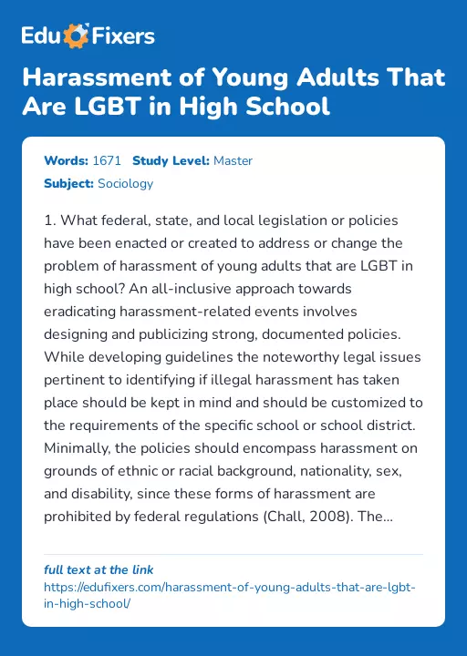Harassment of Young Adults That Are LGBT in High School - Essay Preview