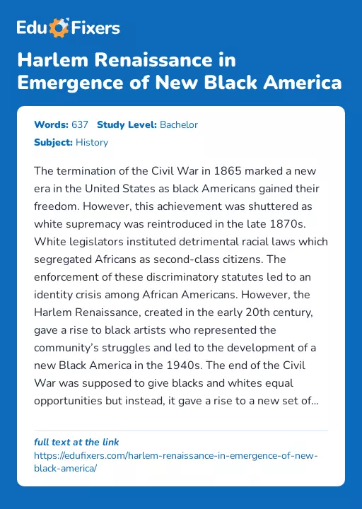 Harlem Renaissance in Emergence of New Black America - Essay Preview