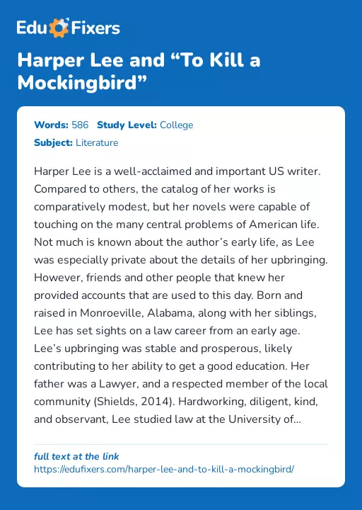 Harper Lee and “To Kill a Mockingbird” - Essay Preview