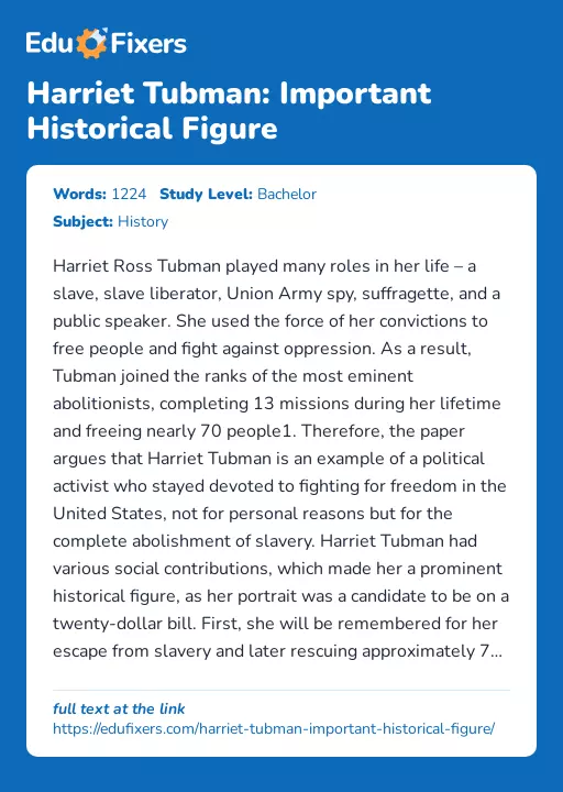 Harriet Tubman: Important Historical Figure - Essay Preview