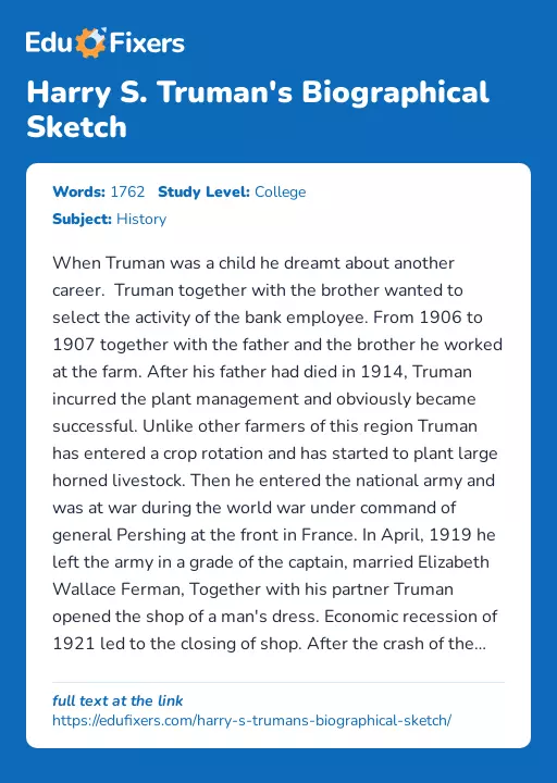 Harry S. Truman's Biographical Sketch - Essay Preview