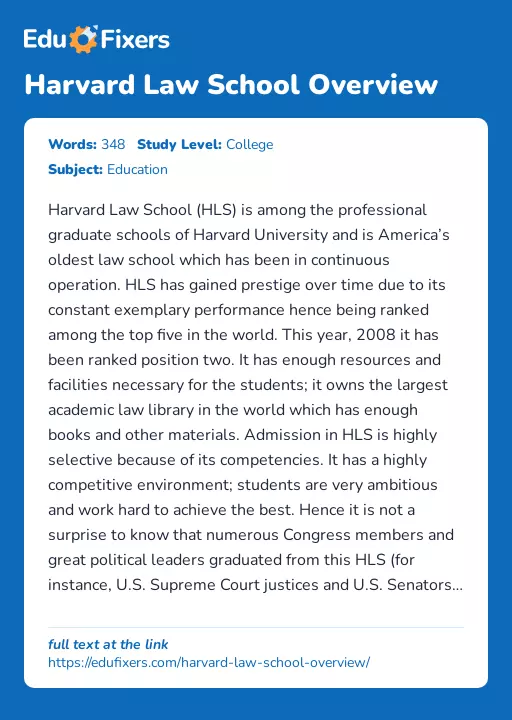 Harvard Law School Overview - Essay Preview