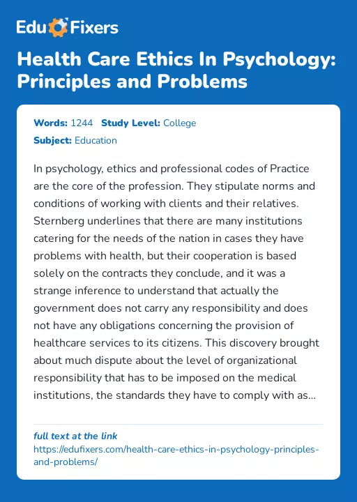 Health Care Ethics In Psychology: Principles and Problems - Essay Preview