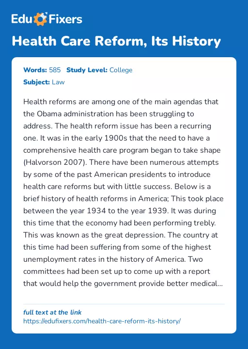 Health Care Reform, Its History - Essay Preview