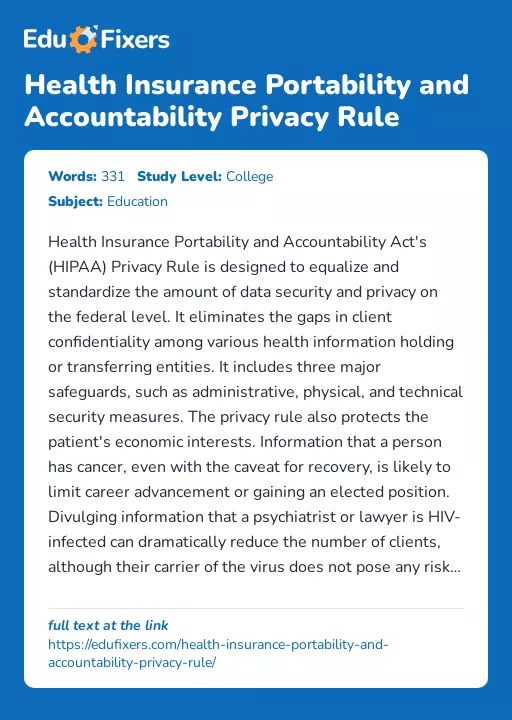 Health Insurance Portability and Accountability Privacy Rule - Essay Preview