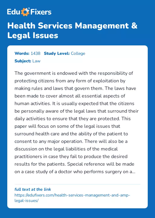 Health Services Management & Legal Issues - Essay Preview