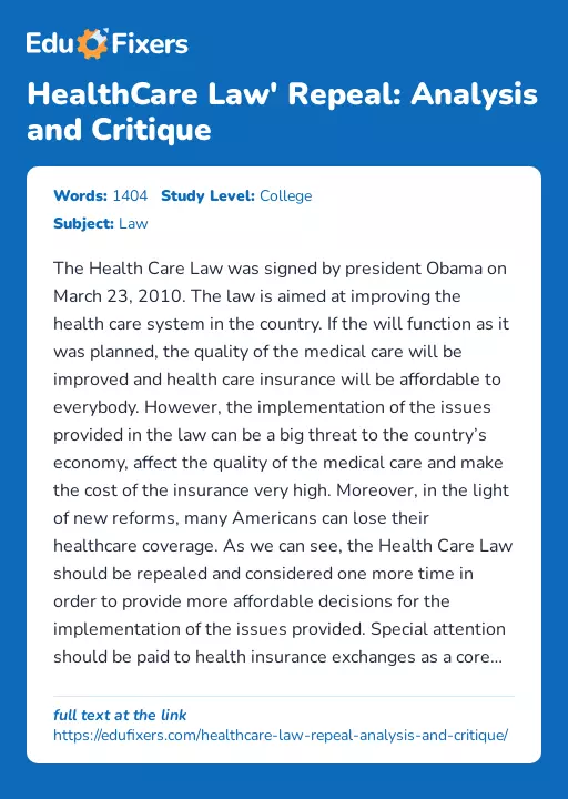 HealthCare Law' Repeal: Analysis and Critique - Essay Preview