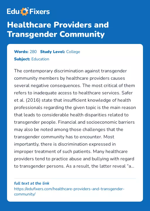 Healthcare Providers and Transgender Community - Essay Preview