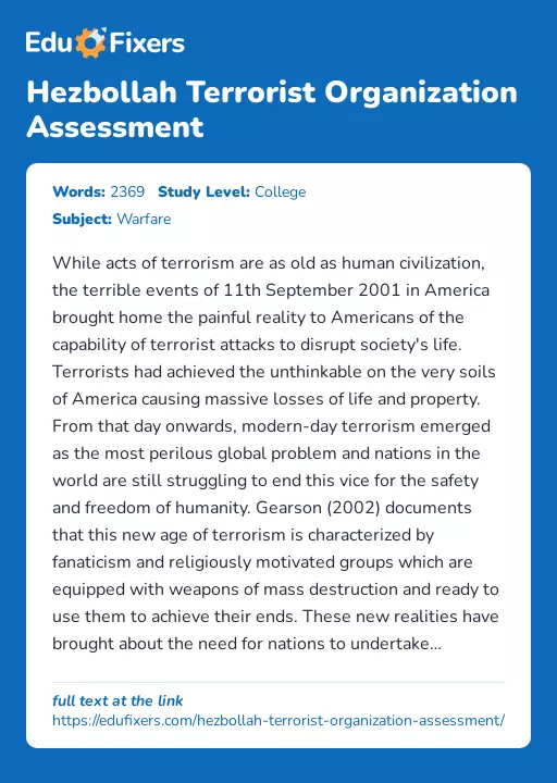 Hezbollah Terrorist Organization Assessment - Essay Preview