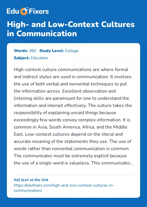 High- and Low-Context Cultures in Communication - Essay Preview
