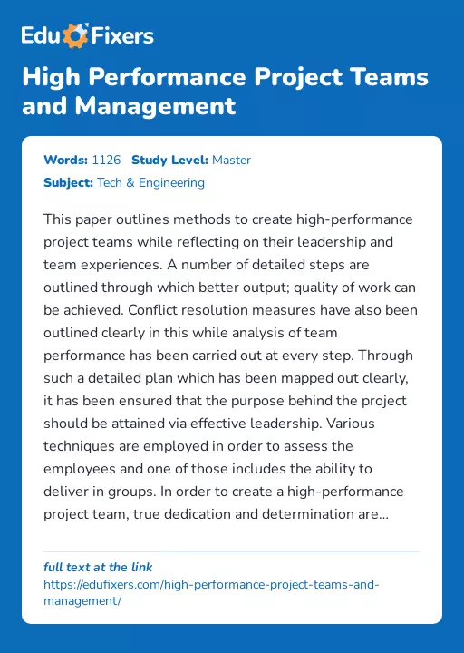 High Performance Project Teams and Management - Essay Preview