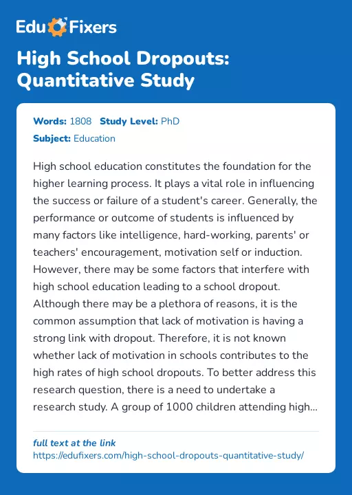 High School Dropouts: Quantitative Study - Essay Preview