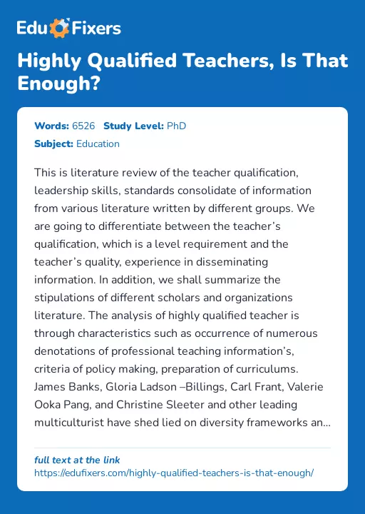 Highly Qualified Teachers, Is That Enough? - Essay Preview