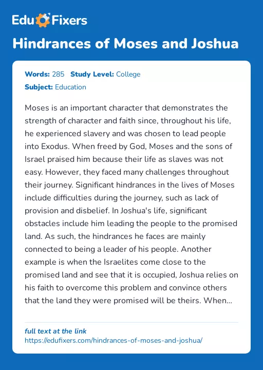 Hindrances of Moses and Joshua - Essay Preview