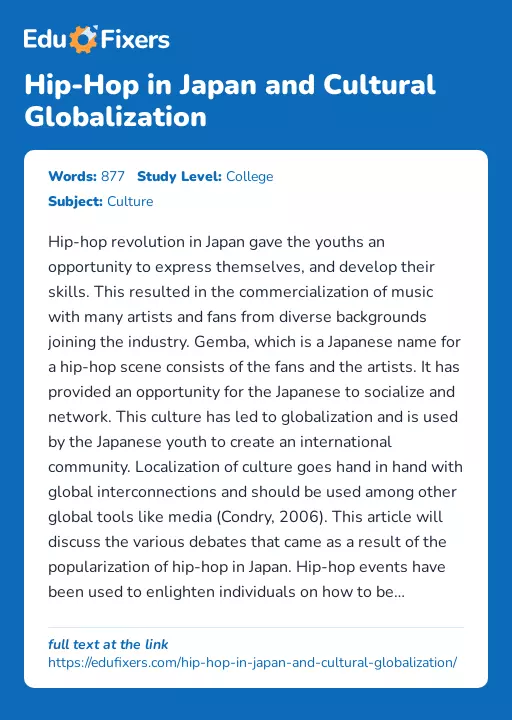 Hip-Hop in Japan and Cultural Globalization - Essay Preview