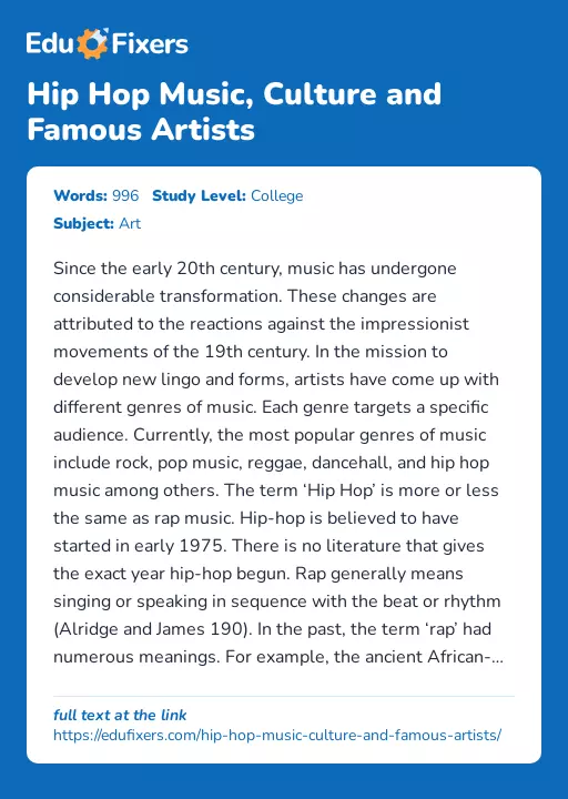 Hip Hop Music, Culture and Famous Artists - Essay Preview