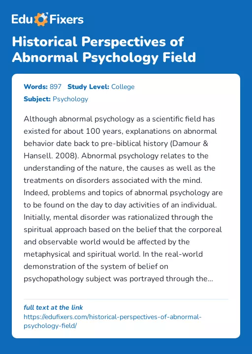 Historical Perspectives of Abnormal Psychology Field - Essay Preview
