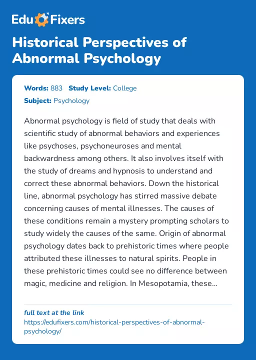 Historical Perspectives of Abnormal Psychology - Essay Preview