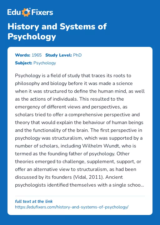 History and Systems of Psychology - Essay Preview