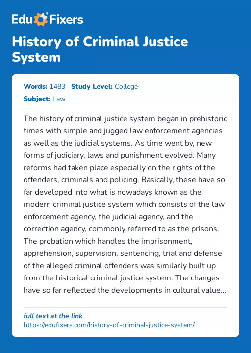 History of Criminal Justice System - Essay Preview