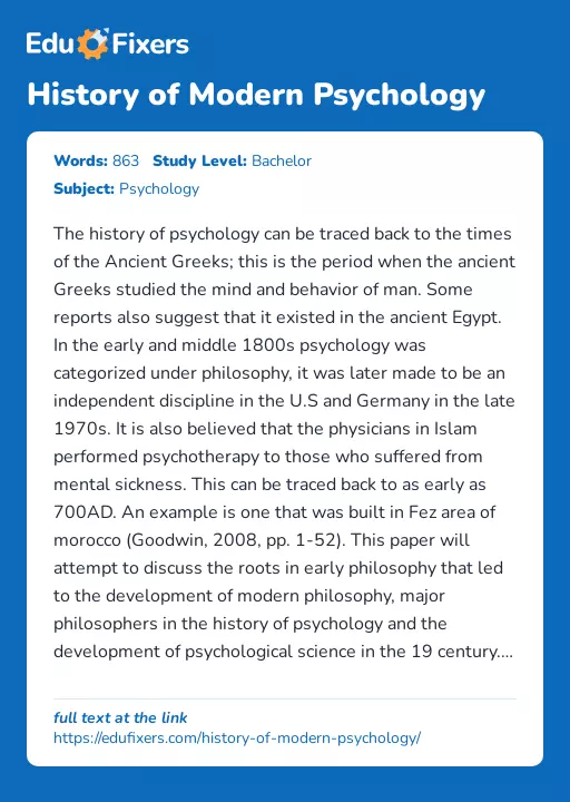 History of Modern Psychology - Essay Preview
