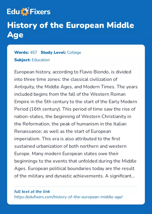 History of the European Middle Age - Essay Preview