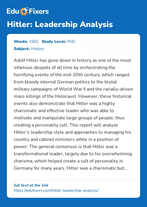 Hitler: Leadership Analysis - Essay Preview