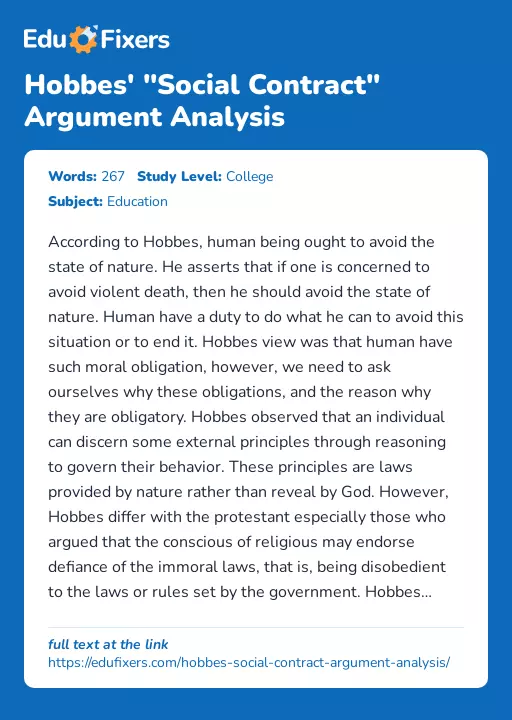 Hobbes' "Social Contract" Argument Analysis - Essay Preview