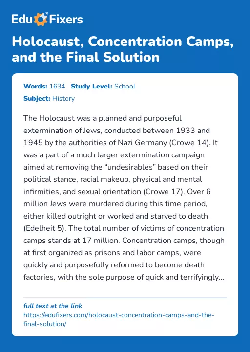 Holocaust, Concentration Camps, and the Final Solution - Essay Preview