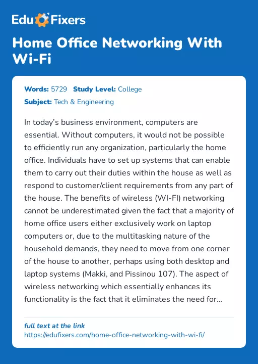 Home Office Networking With Wi-Fi - Essay Preview
