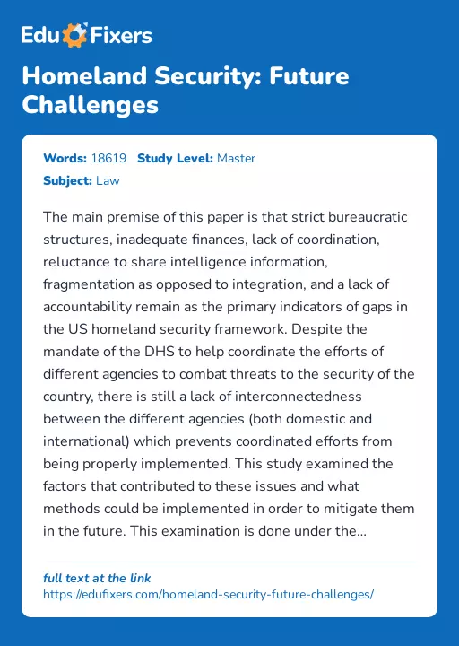 Homeland Security: Future Challenges - Essay Preview