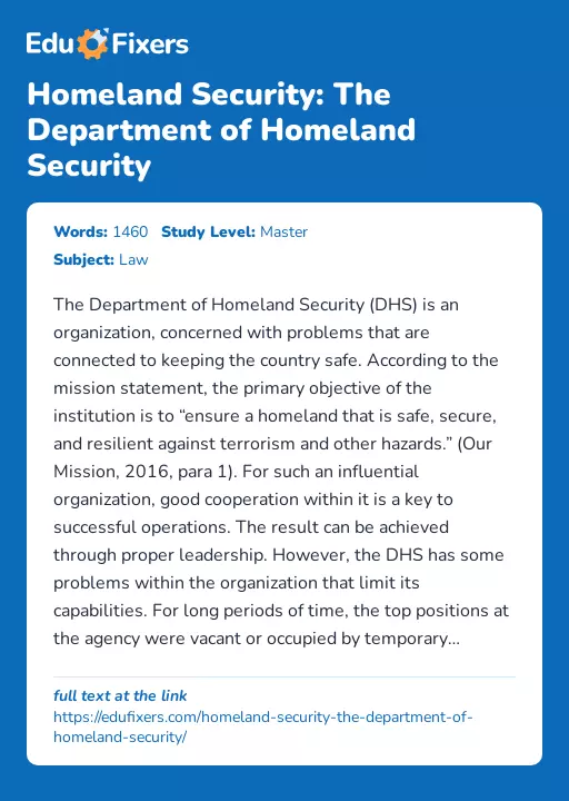 Homeland Security: The Department of Homeland Security - Essay Preview