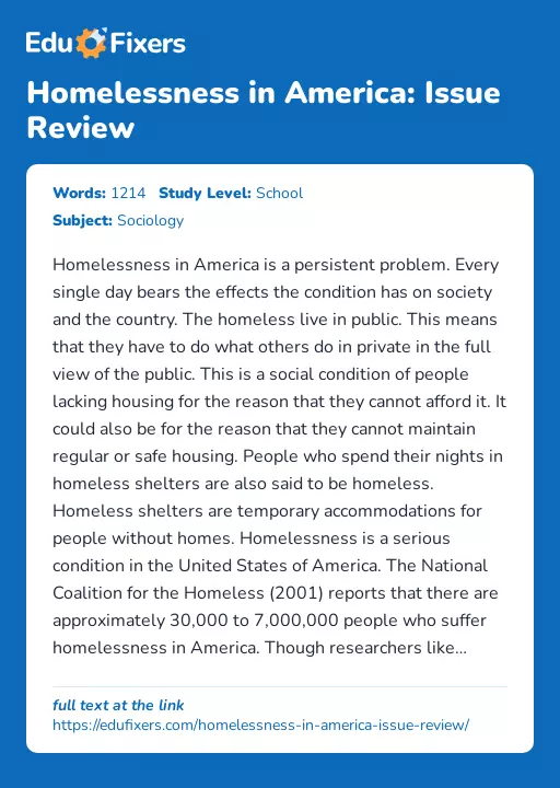 Homelessness in America: Issue Review - Essay Preview